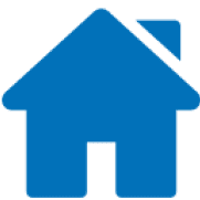 Blue house icon on black background.