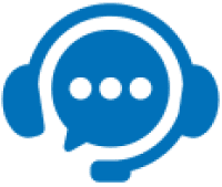 Blue headset with speech bubble icon.