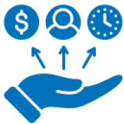 Hand presenting money, person, and time icons.